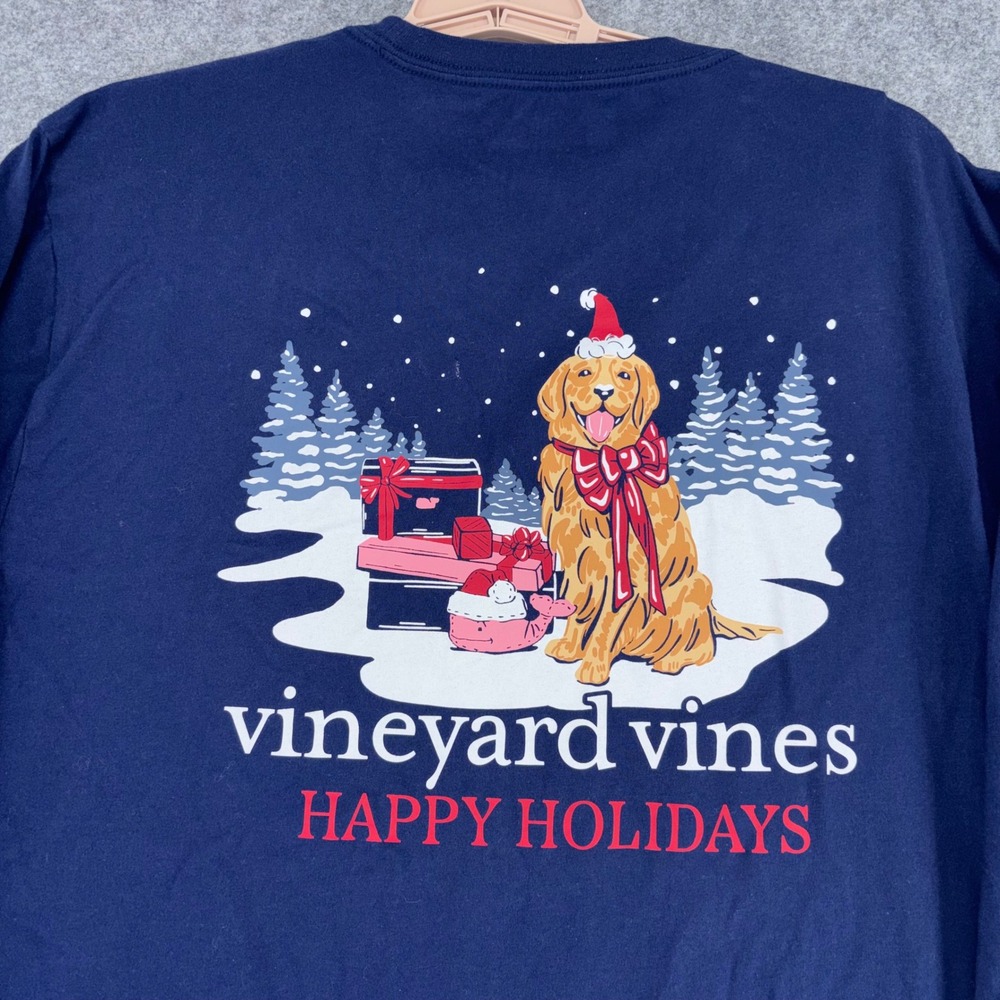 Vineyard Vines Mens XL Navy Blue Golden Retriever Happy Holidays LS Pocket Tee
